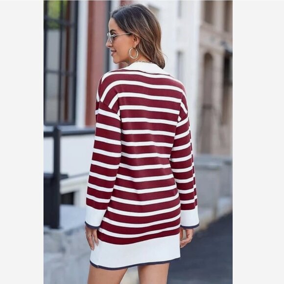 Striped Longsleeve V Neck Sweater Dress {Burgundy + Cream, Navy Contrast} NWT - Picture 6 of 7
